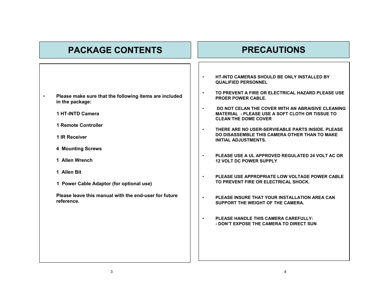 Precautions package contents | Speco Technologies HT-INTD3 User Manual | Page 4 / 22