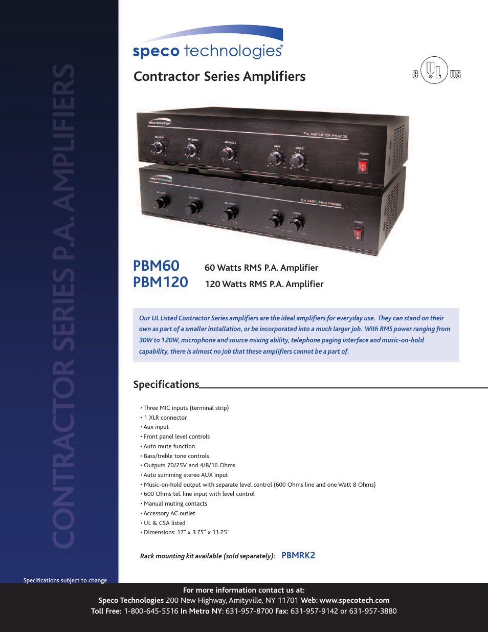 Speco Technologies CONTRACTOR SERIES PBM120 User Manual | 1 page