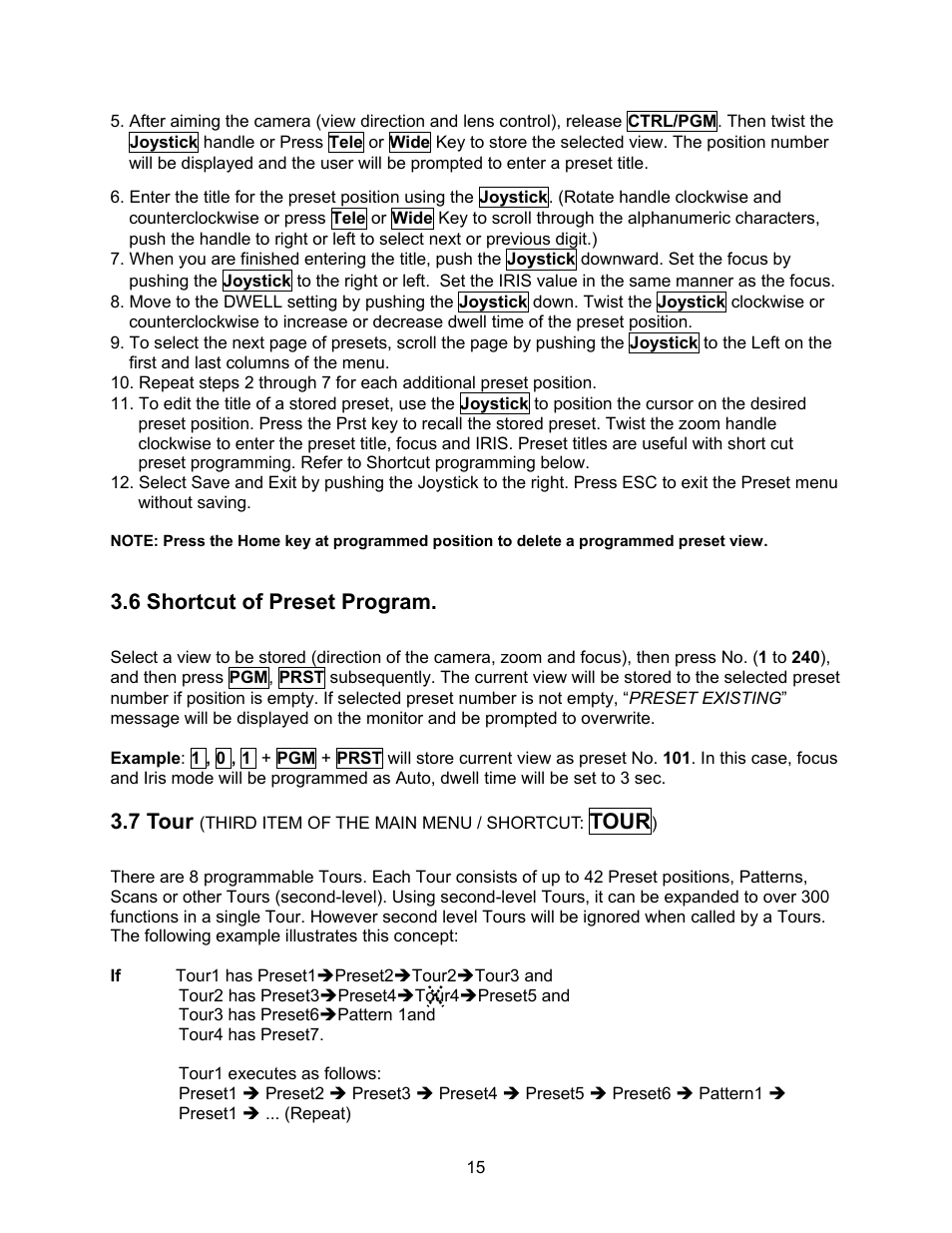 6 shortcut of preset program, 7 tour, Tour | Speco Technologies CVC-927PTZ User Manual | Page 22 / 46