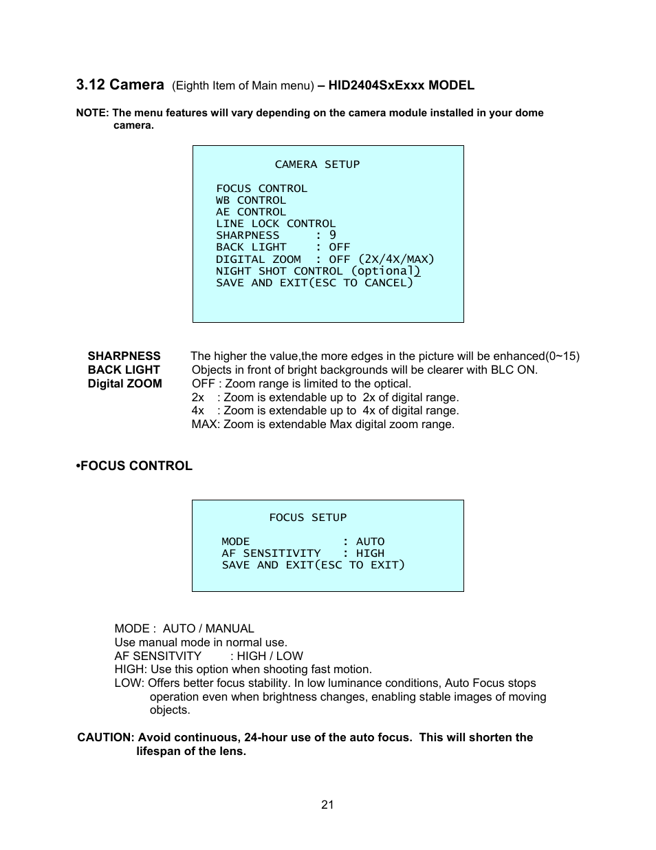 Focus control, 12 camera | Speco Technologies CVC-927PTZ User Manual | Page 28 / 46