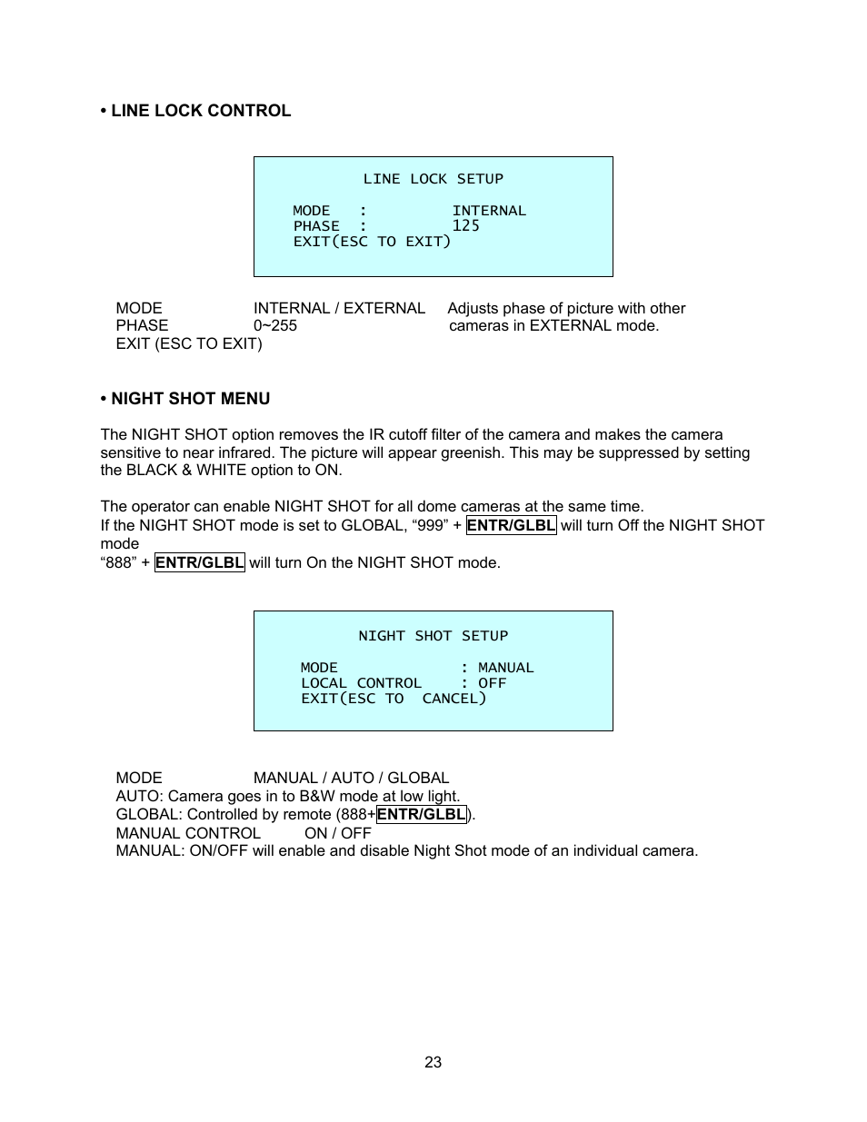 Line lock control, Night shot menu | Speco Technologies CVC-927PTZ User Manual | Page 30 / 46