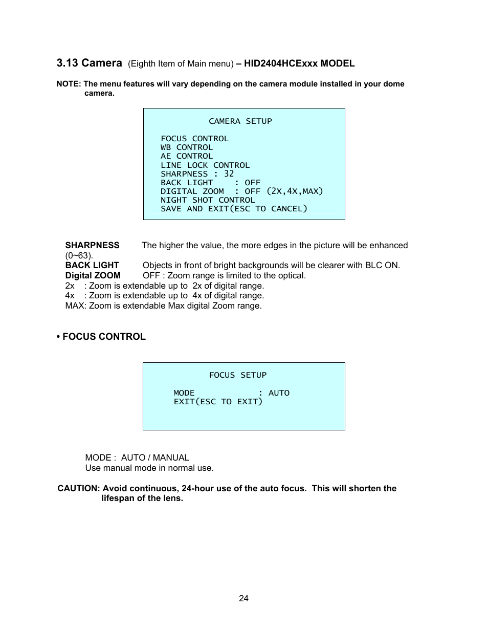 Focus control, 13 camera | Speco Technologies CVC-927PTZ User Manual | Page 31 / 46