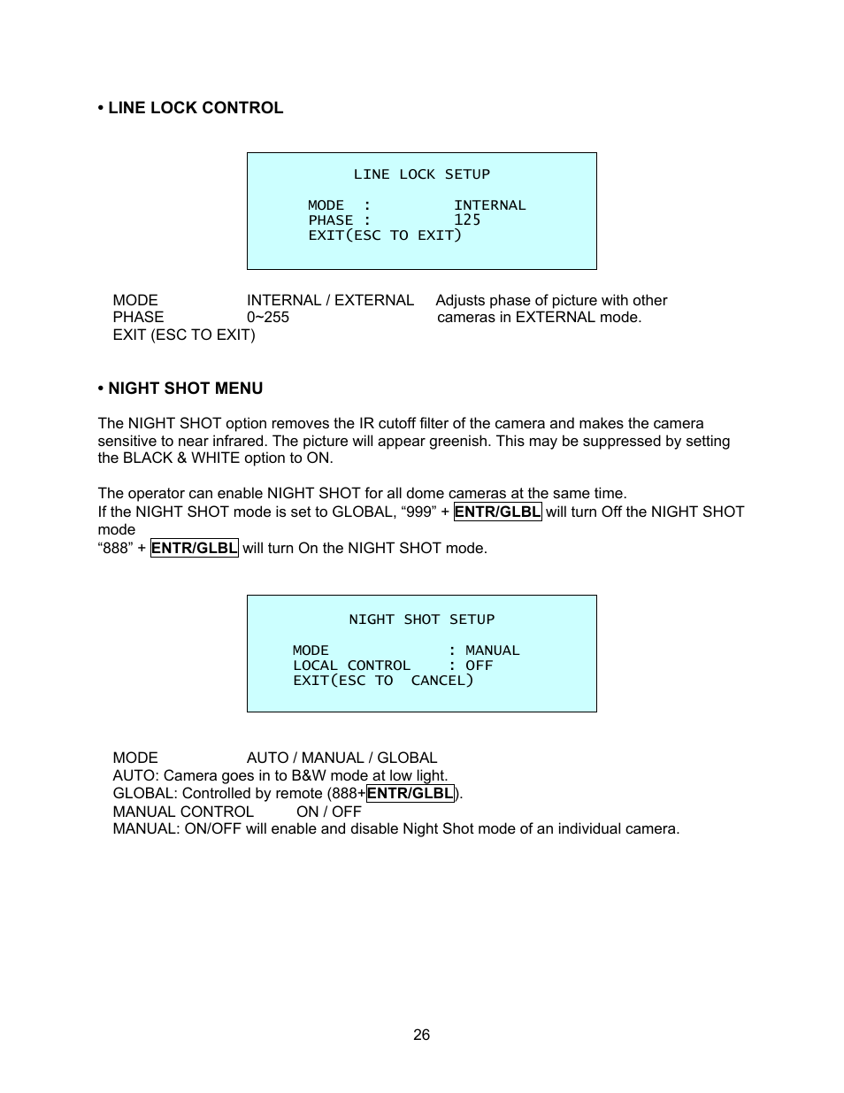 Line lock control, Night shot menu | Speco Technologies CVC-927PTZ User Manual | Page 33 / 46