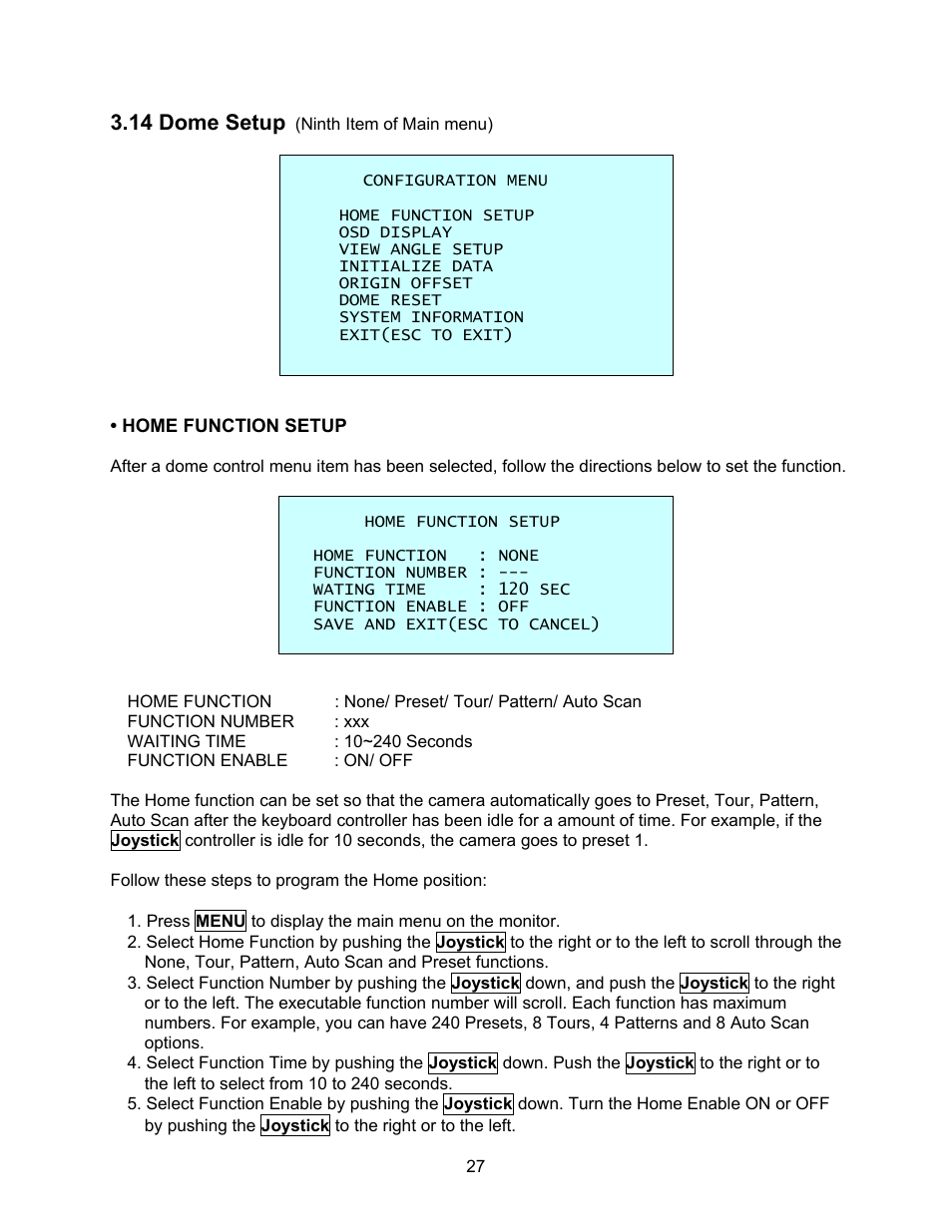 Home function setup, 14 dome setup | Speco Technologies CVC-927PTZ User Manual | Page 34 / 46