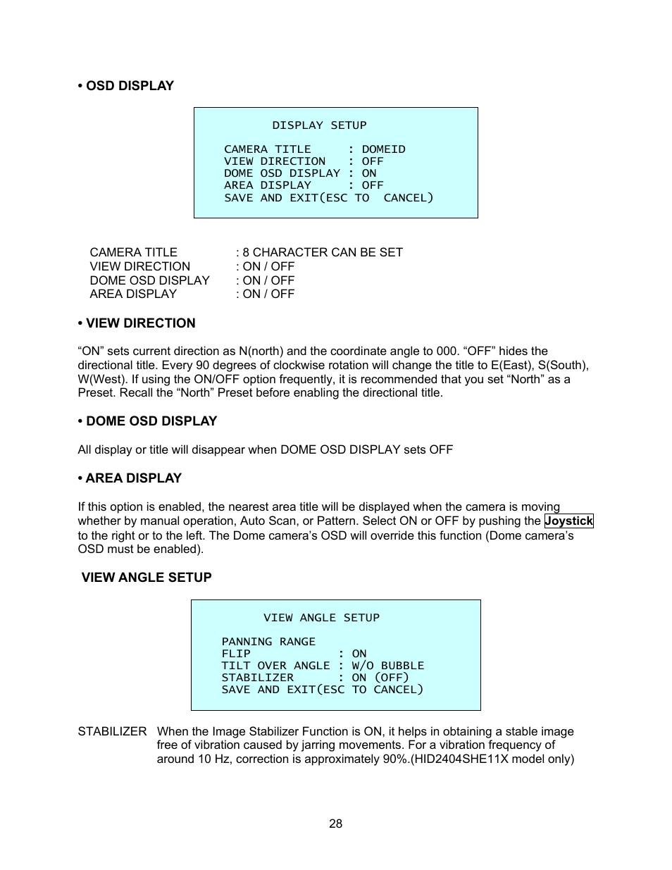 Osd display, View direction, Dome osd display | Area display, View angle setup | Speco Technologies CVC-927PTZ User Manual | Page 35 / 46