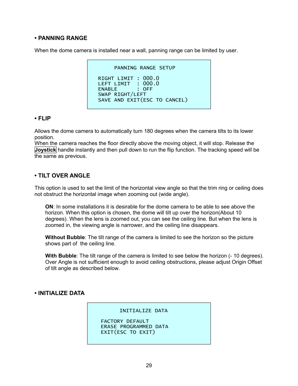 Panning range, Flip, Tilt over angle | Initialize data | Speco Technologies CVC-927PTZ User Manual | Page 36 / 46