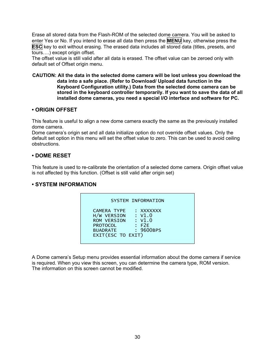 Origin offset, Dome reset, System information | Speco Technologies CVC-927PTZ User Manual | Page 37 / 46