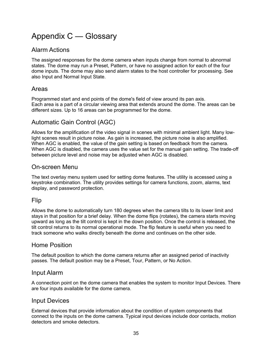 Alarm actions, Areas, Automatic gain control (agc) | On-screen menu, Flip, Home position, Input alarm, Input devices, Appendix c — glossary | Speco Technologies CVC-927PTZ User Manual | Page 42 / 46