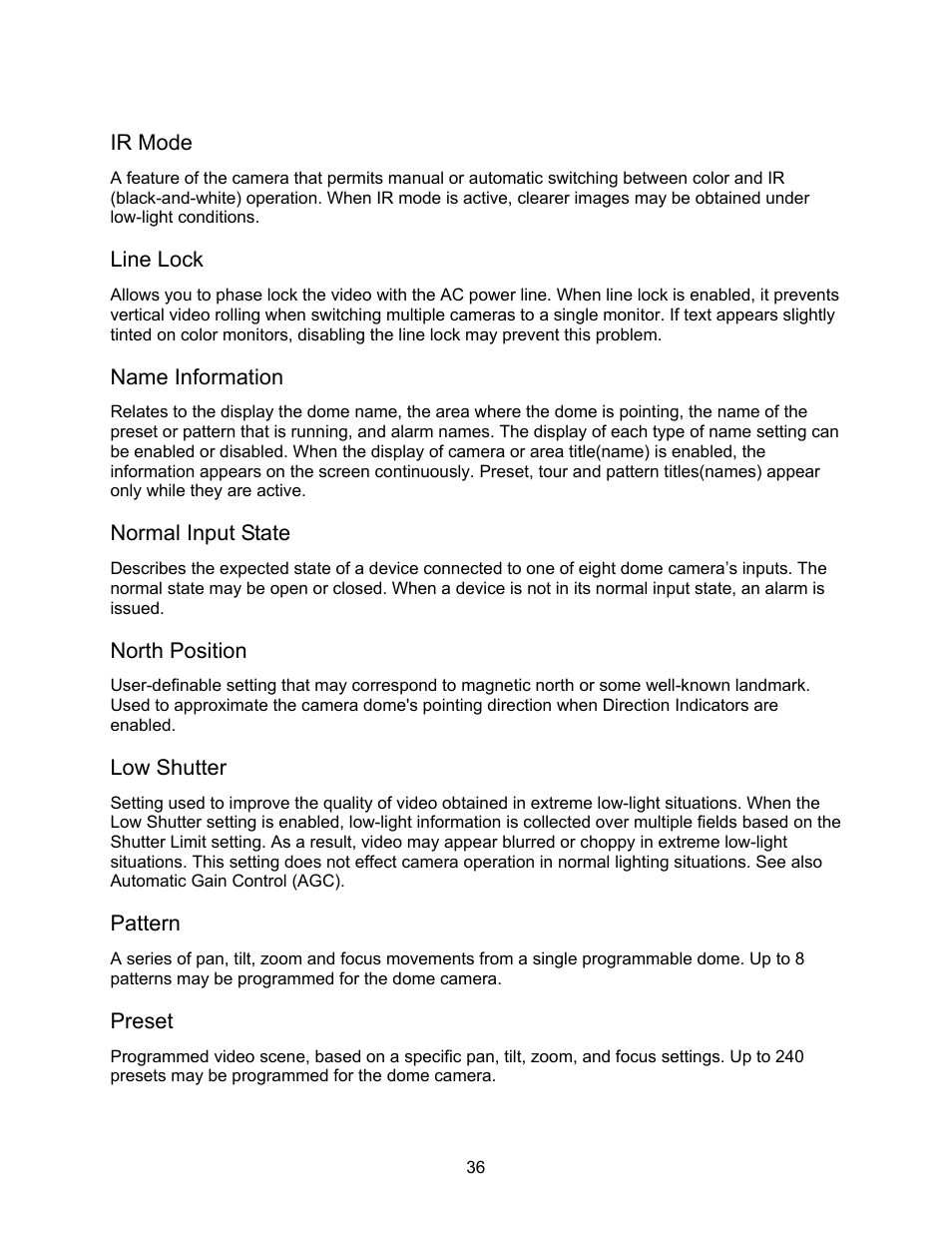 Ir mode, Line lock, Name information | Normal input state, North position, Low shutter, Pattern, Preset | Speco Technologies CVC-927PTZ User Manual | Page 43 / 46