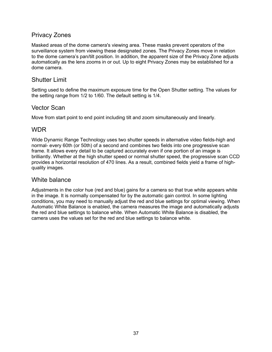 Privacy zones, Shutter limit, Vector scan | White balance | Speco Technologies CVC-927PTZ User Manual | Page 44 / 46