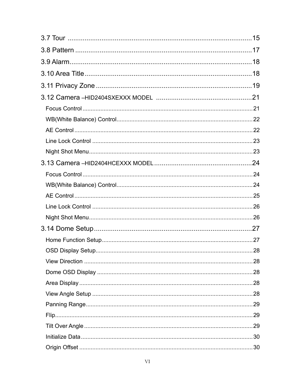 7 tour 15, 8 pattern17, 9 alarm18 | 10 area title18, 11 privacy zone19, 12 camera –hid2404sxexxx model 21, Focus control21, Wb(white balance) control22, Ae control22, Line lock control23 | Speco Technologies CVC-927PTZ User Manual | Page 6 / 46