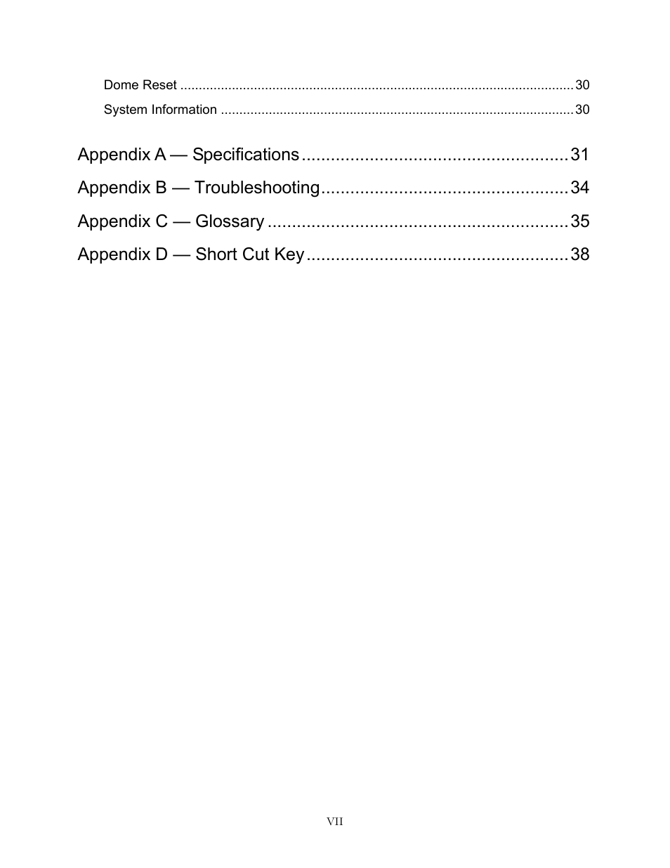 Dome reset30, System information30, Appendix a — specifications31 | Speco Technologies CVC-927PTZ User Manual | Page 7 / 46