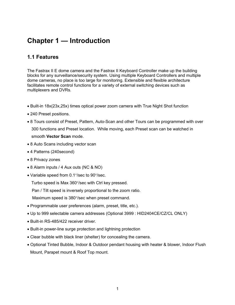 1 features, Chapter 1 — introduction | Speco Technologies CVC-927PTZ User Manual | Page 8 / 46
