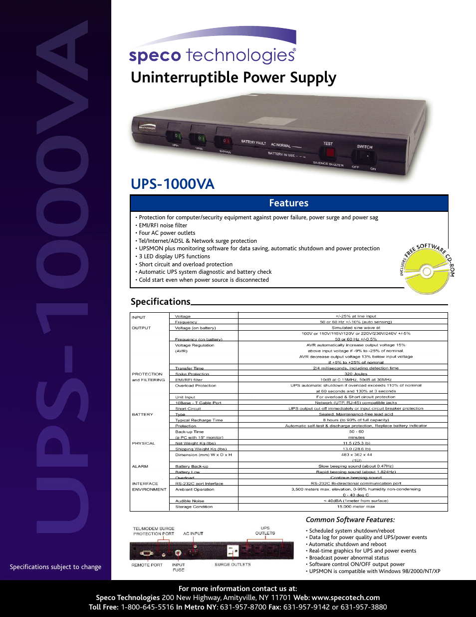 Speco Technologies UPS-1000VA User Manual | 1 page