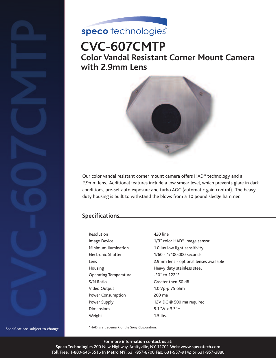 Speco Technologies CVC-607CMTP User Manual | 1 page