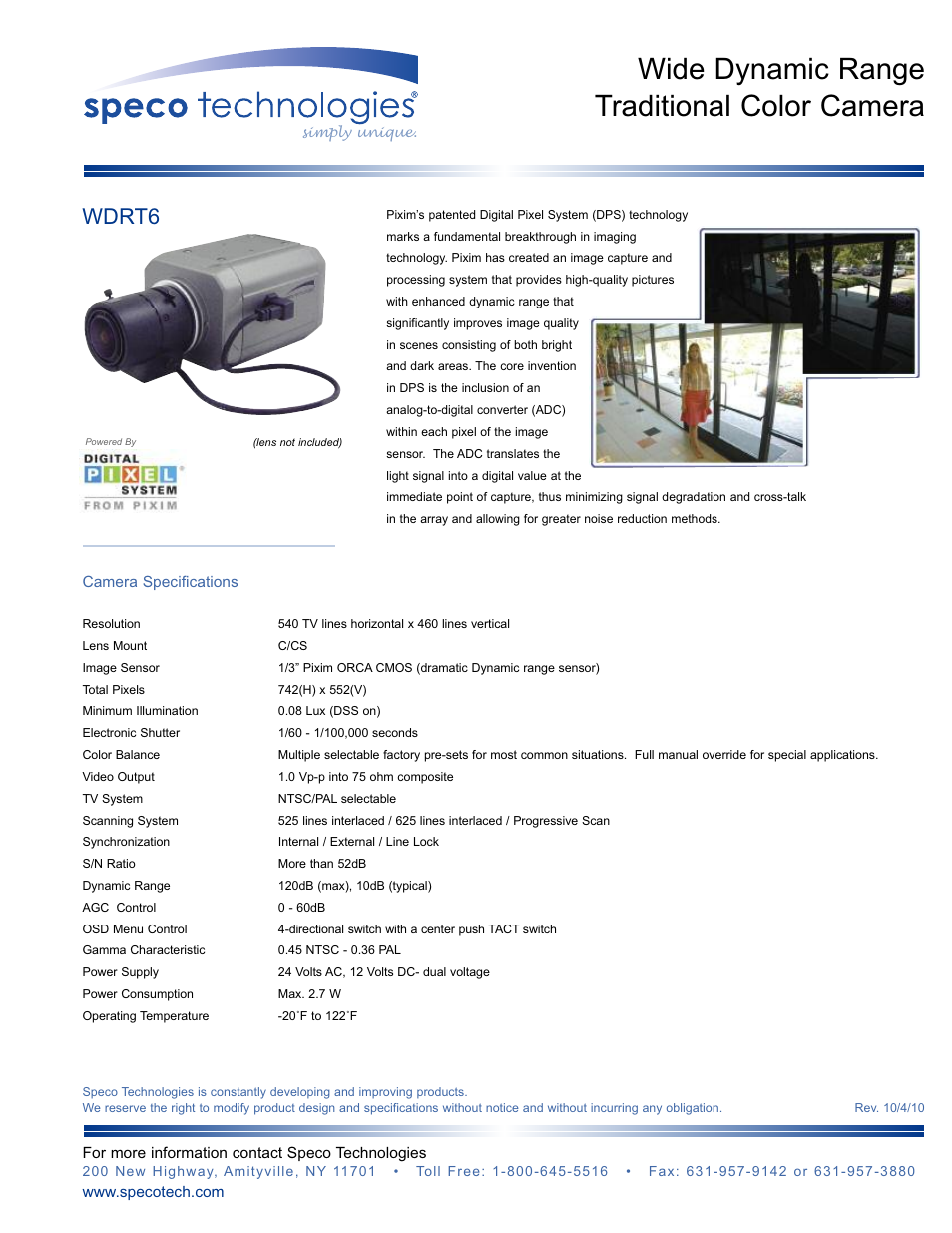 Speco Technologies COLOR CAMERA WDRT6 User Manual | 1 page