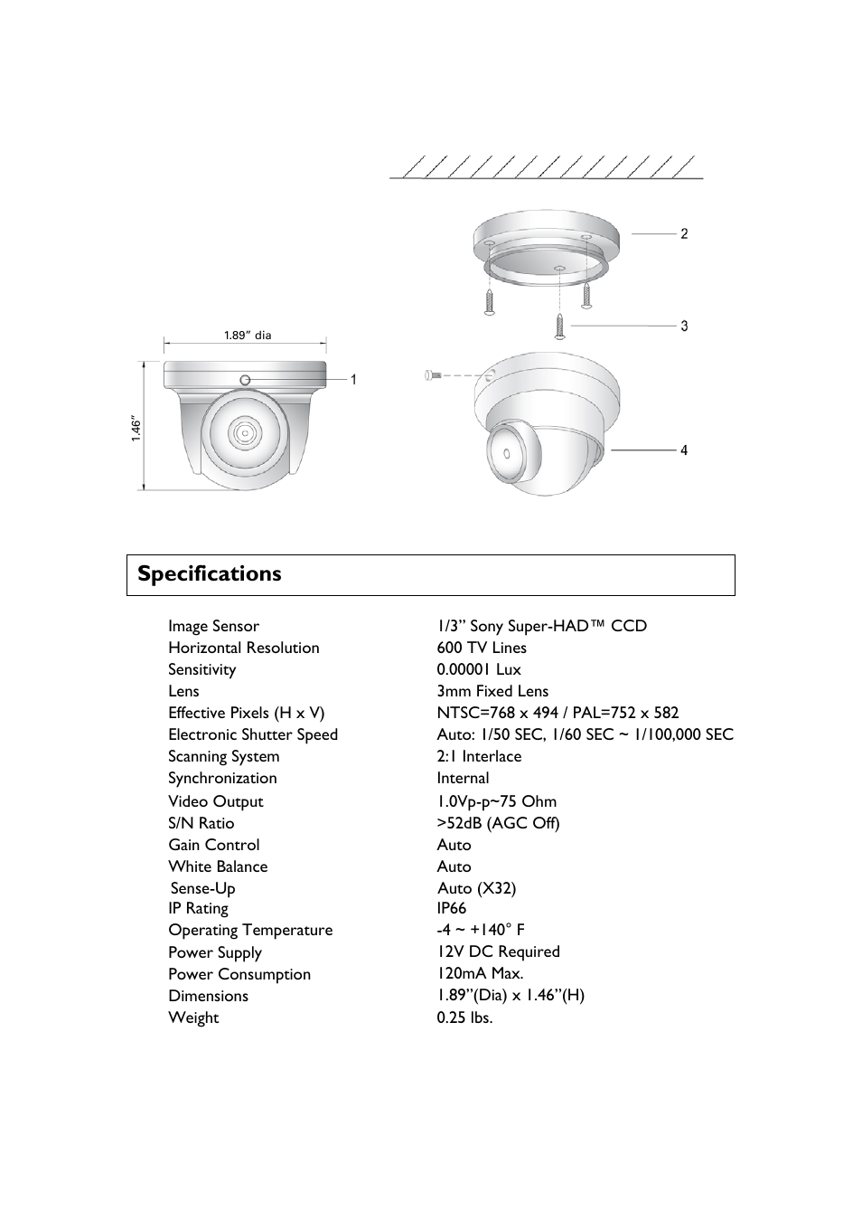 Specifications | Speco Technologies Intense Light Miniature Weatherproof Color Camera CVC6IiLTW User Manual | Page 3 / 4