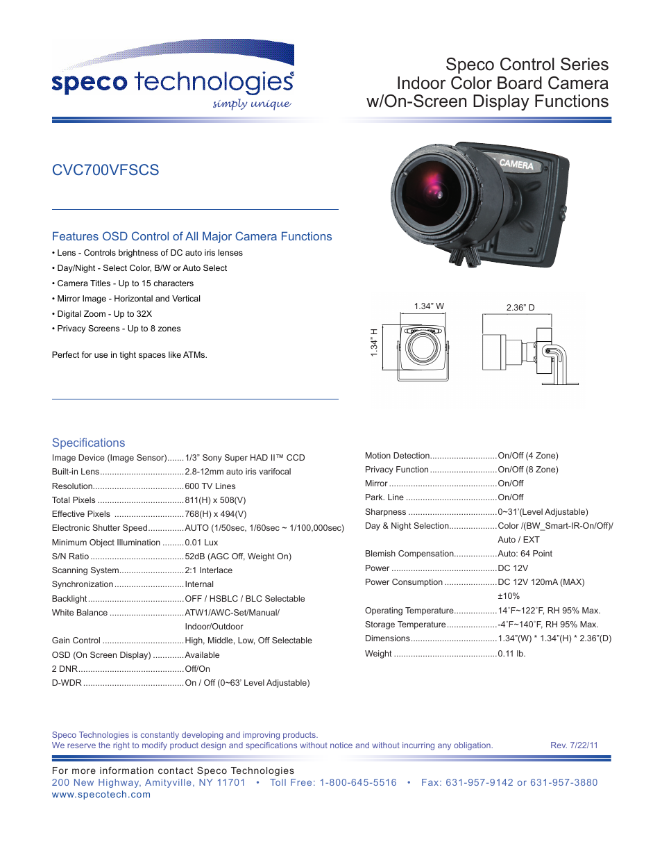 Speco Technologies CVC700VFSCS User Manual | 1 page