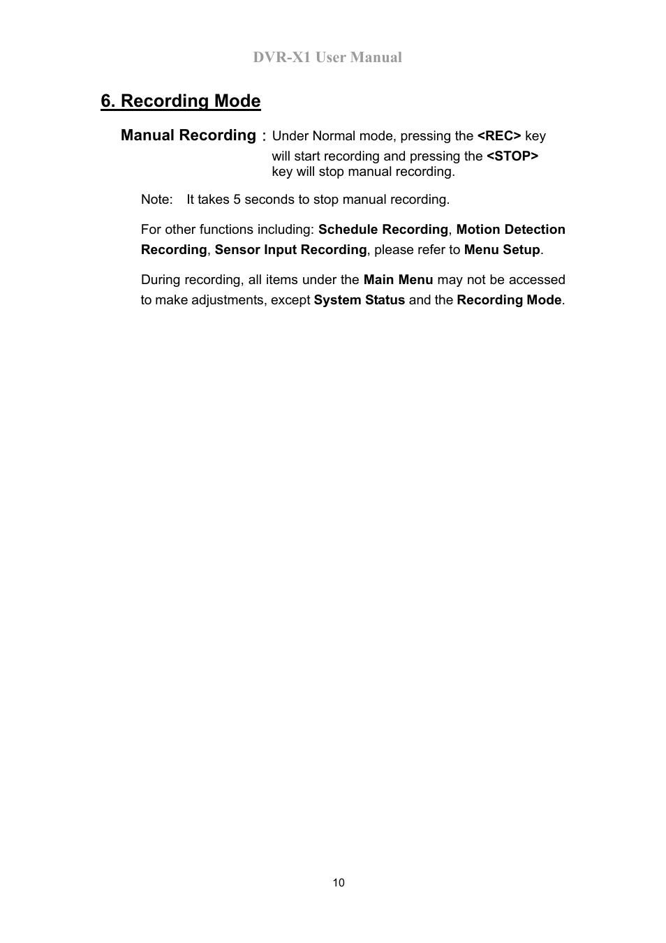 Recording mode, Dvr-x1 user manual, Manual recording | Speco Technologies DVR-X1 User Manual | Page 11 / 26