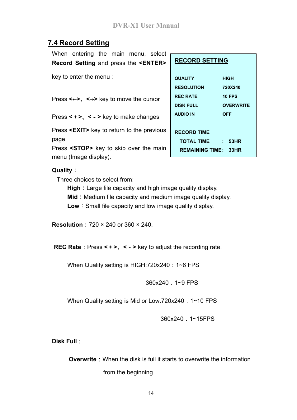 Dvr-x1 user manual, 4 record setting | Speco Technologies DVR-X1 User Manual | Page 15 / 26