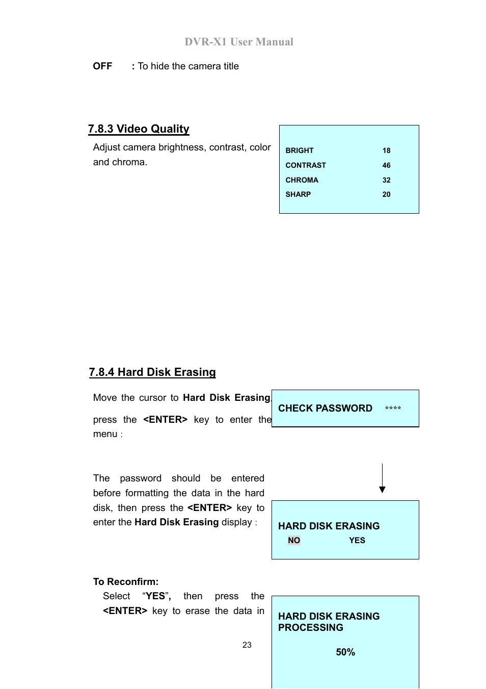 Dvr-x1 user manual, 3 video quality, 4 hard disk erasing | Speco Technologies DVR-X1 User Manual | Page 24 / 26