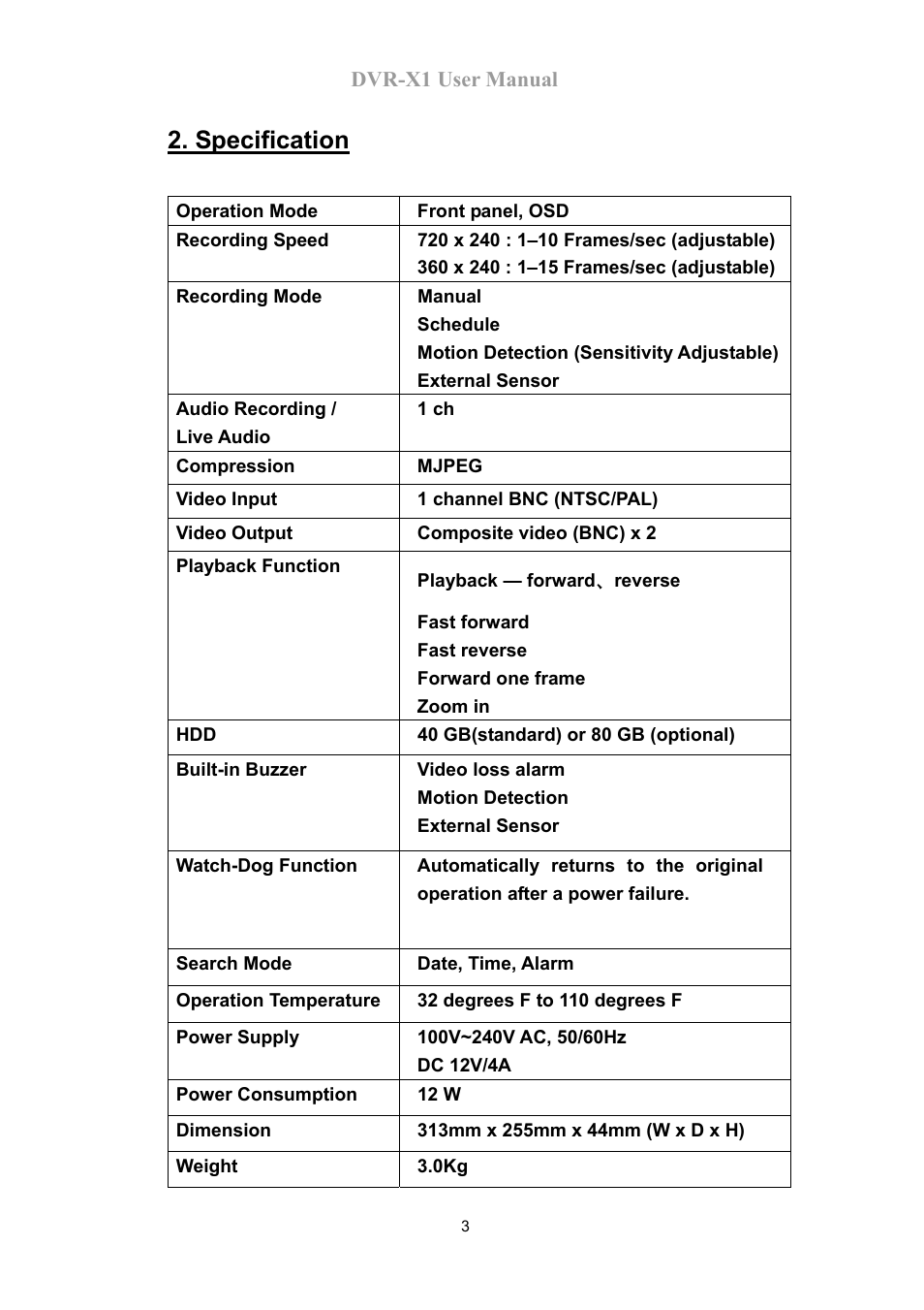 Specification | Speco Technologies DVR-X1 User Manual | Page 4 / 26