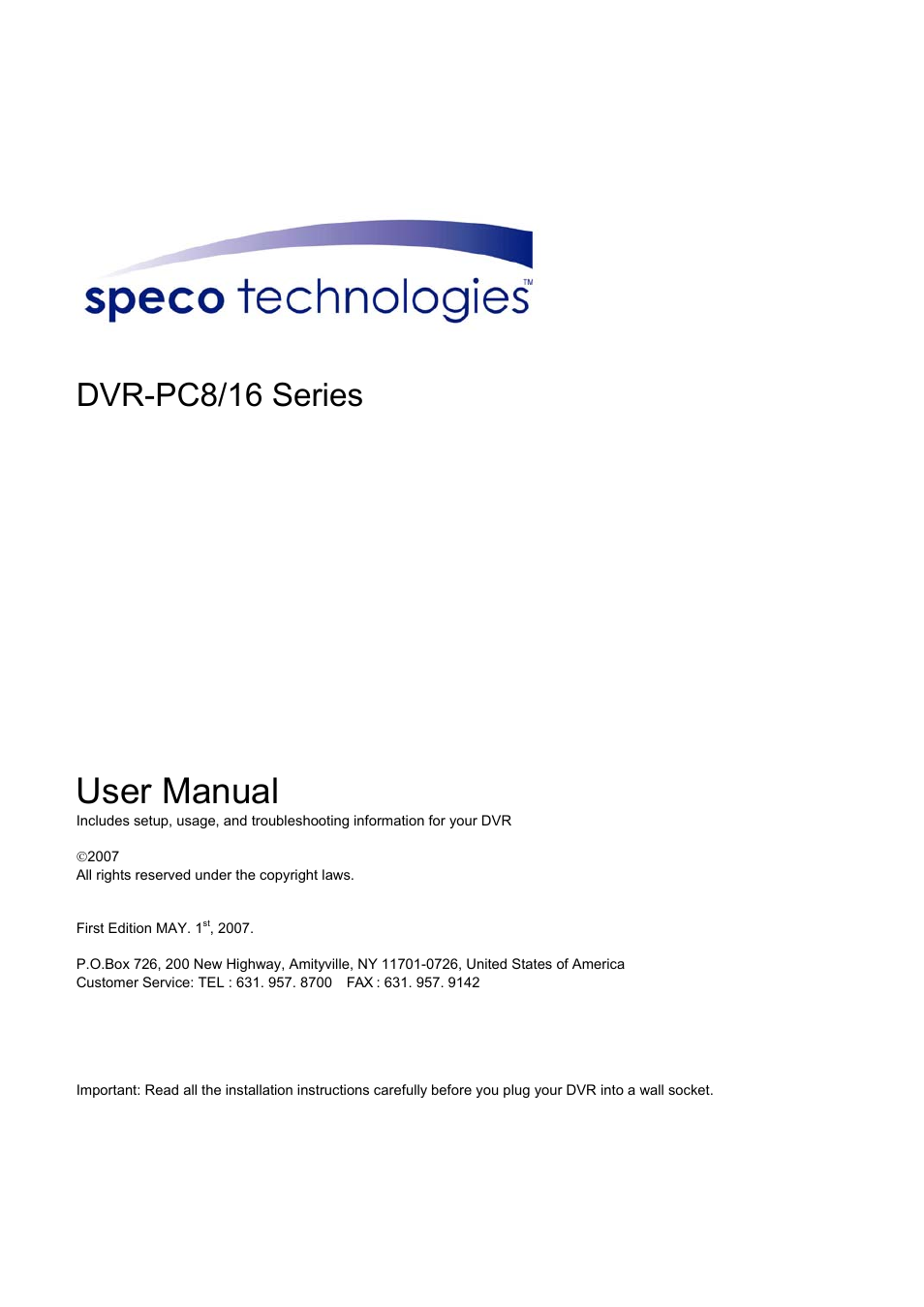 Speco Technologies DVR-PC8 Series User Manual | 78 pages