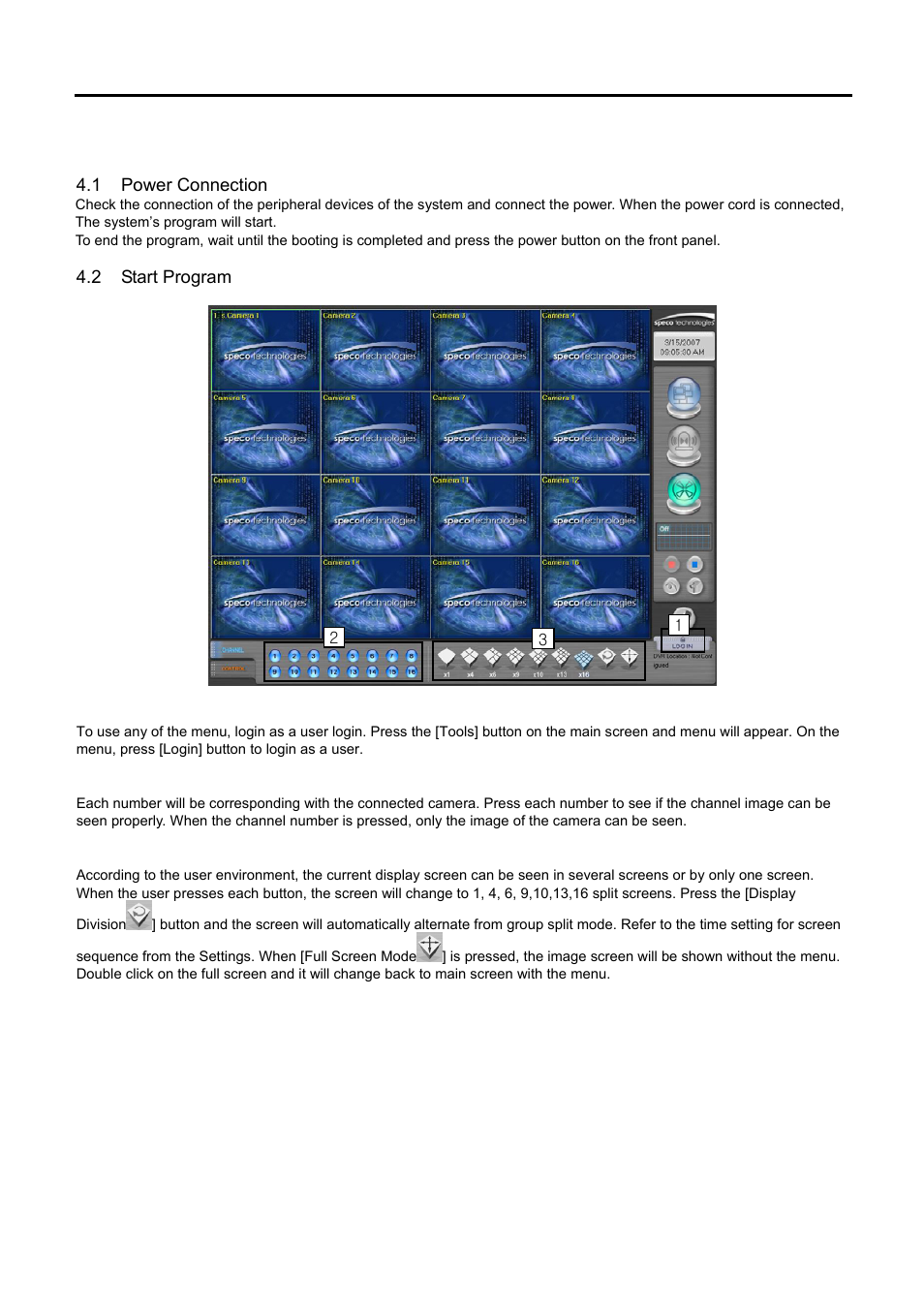 Basic operation, 1 power connection, 2 start program | Login, To see channel image, Split screen mode, Ower, Onnection, Tart, Rogram | Speco Technologies DVR-PC8 Series User Manual | Page 12 / 78