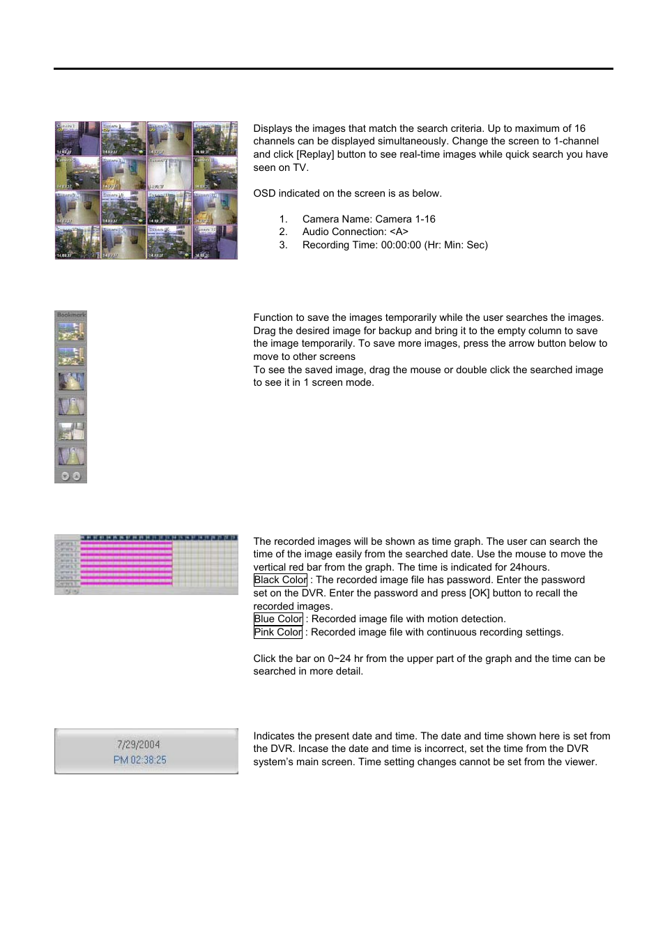 Searched screen, Bookmark, Time position indication bar | Indicating date / time | Speco Technologies DVR-PC8 Series User Manual | Page 24 / 78