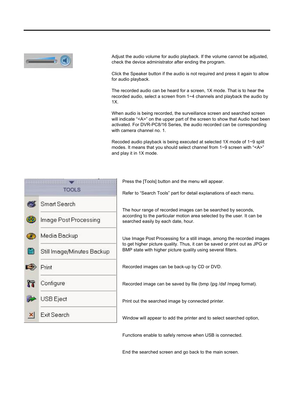 Adjust audio playback, Tools | Speco Technologies DVR-PC8 Series User Manual | Page 26 / 78