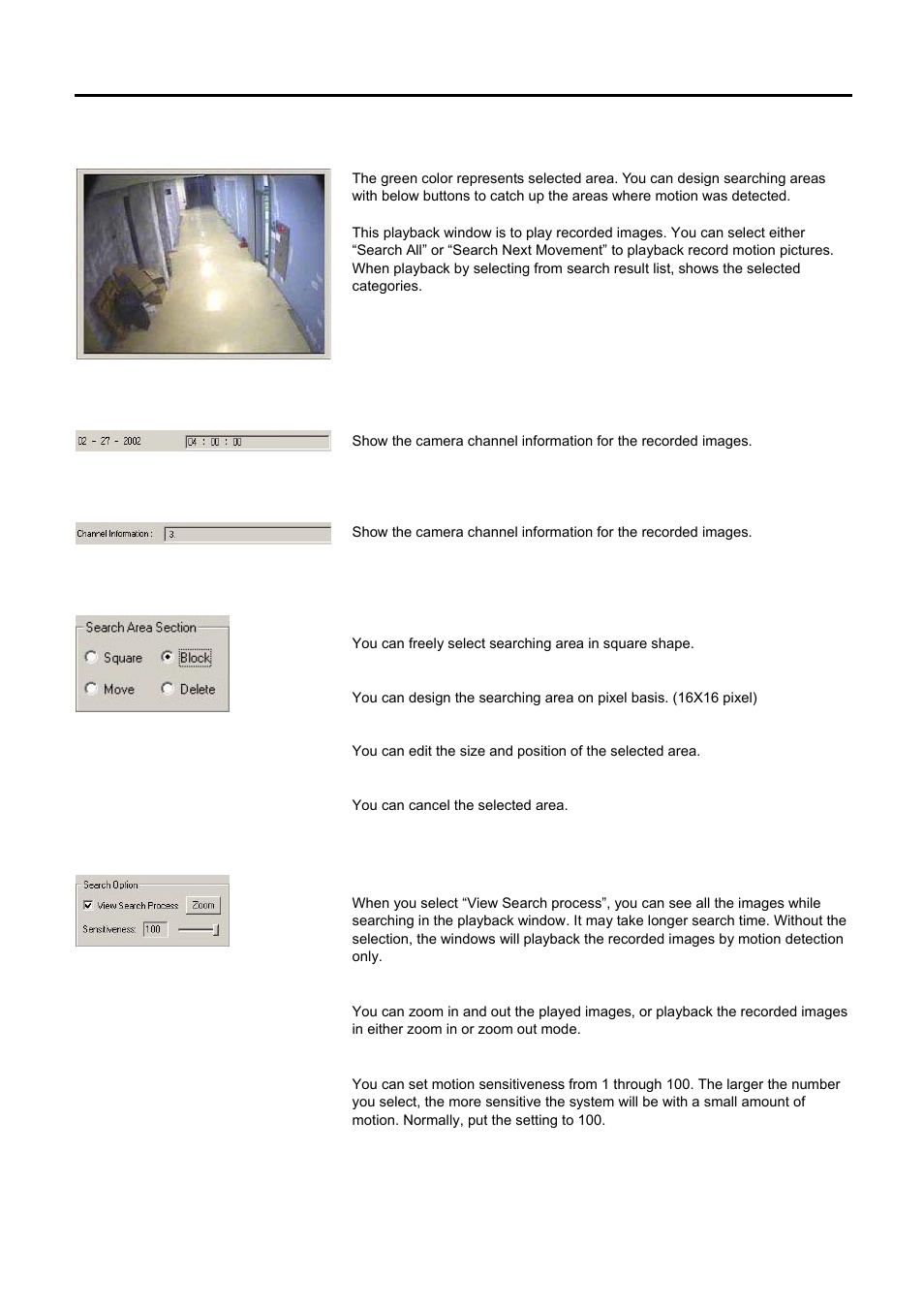 Play-back window, Currently searched date and time, Channel information | Search option | Speco Technologies DVR-PC8 Series User Manual | Page 30 / 78