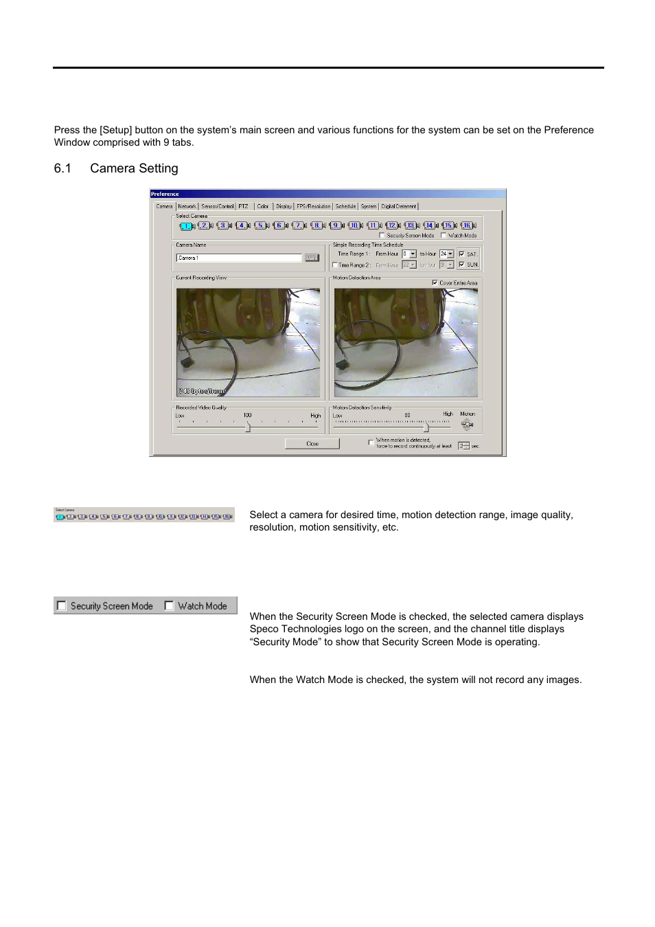Setting customized functions, 1 camera setting, Selecting camera | Select security screen/watch mode, Amera, Etting | Speco Technologies DVR-PC8 Series User Manual | Page 40 / 78