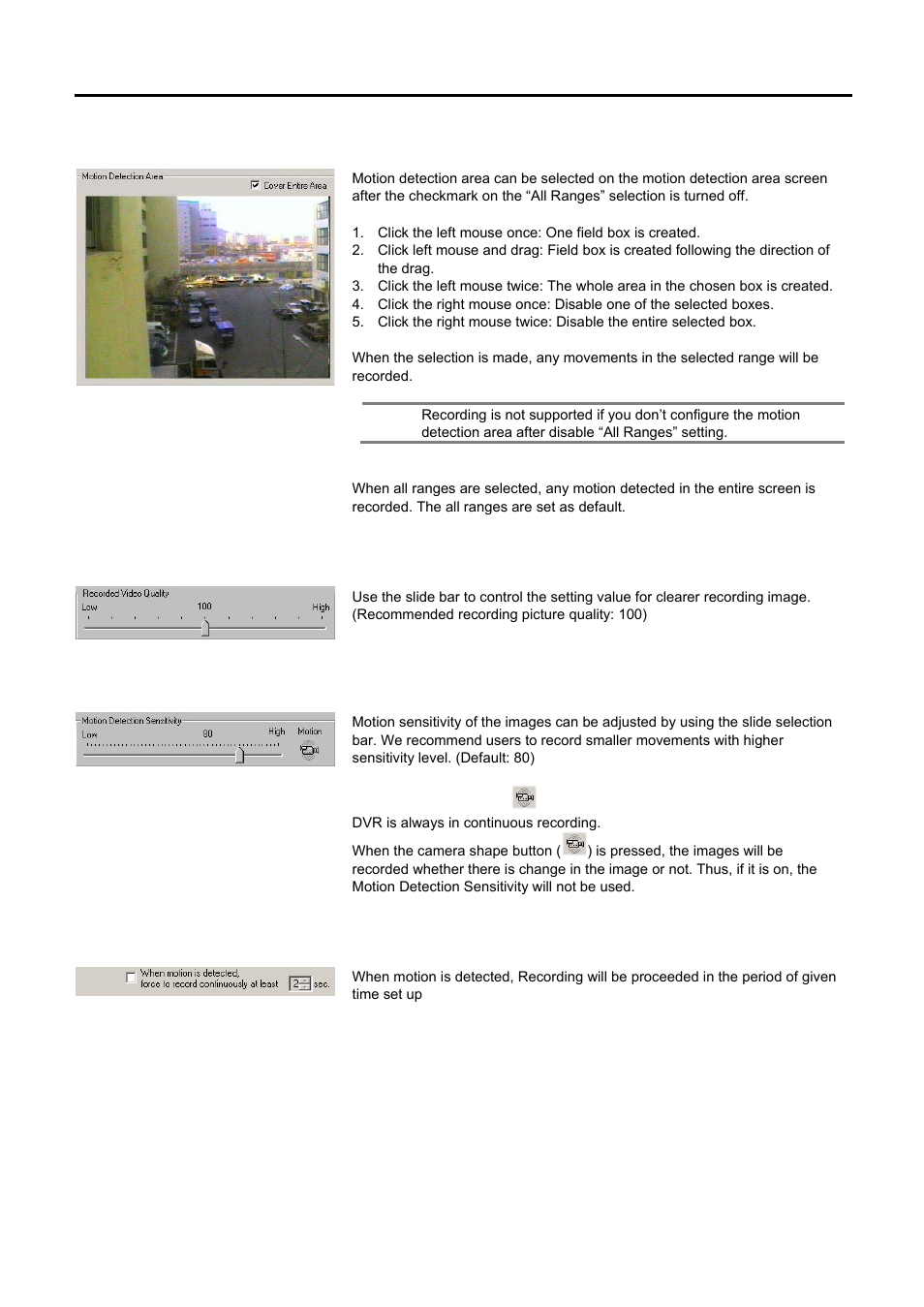 Motion detection area, Recorded video quality, Motion detection sensitivity | Motion recording | Speco Technologies DVR-PC8 Series User Manual | Page 42 / 78