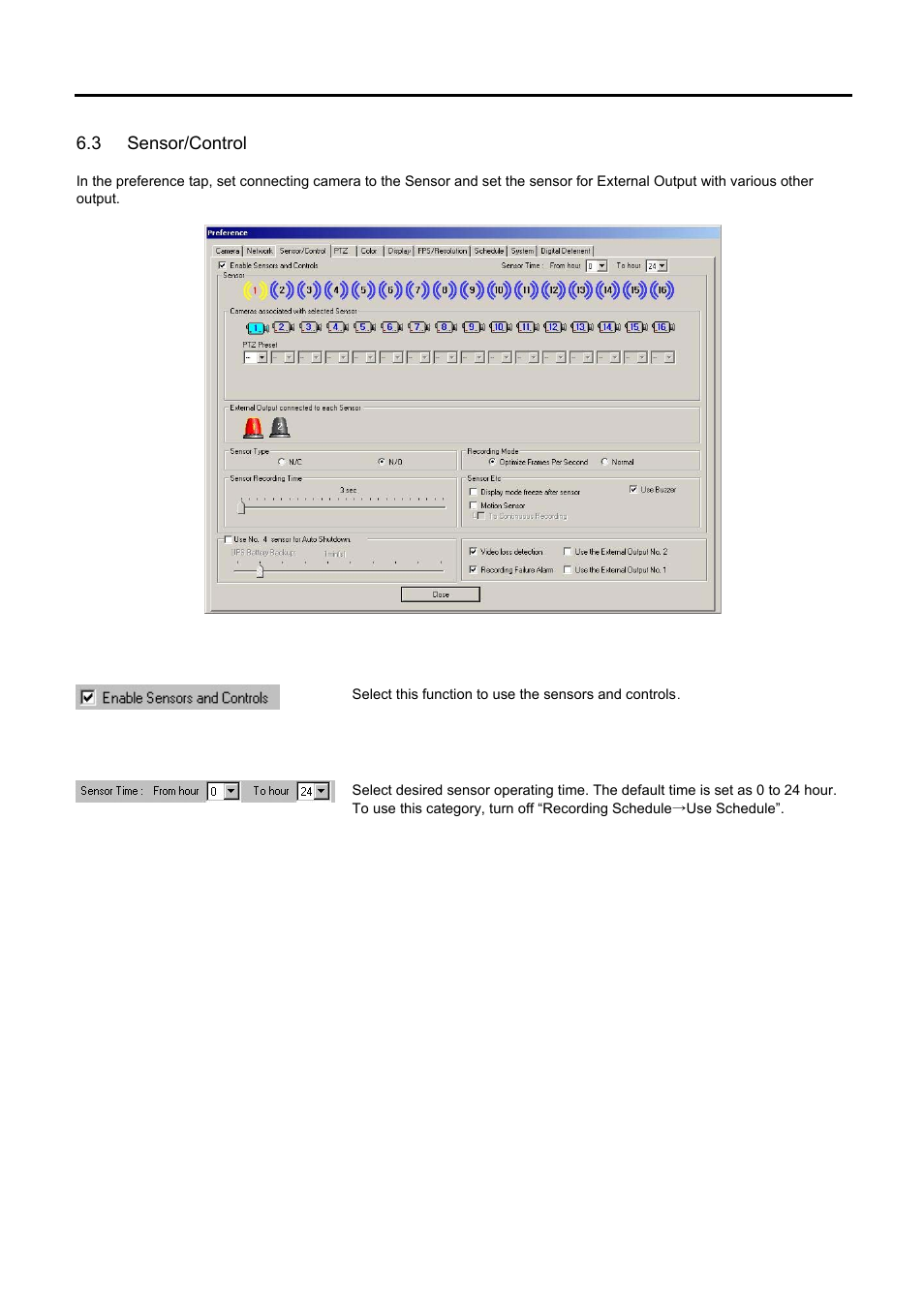 3 sensor/control, Enable sensors and controls, Sensor time | Ensor, Ontrol | Speco Technologies DVR-PC8 Series User Manual | Page 46 / 78