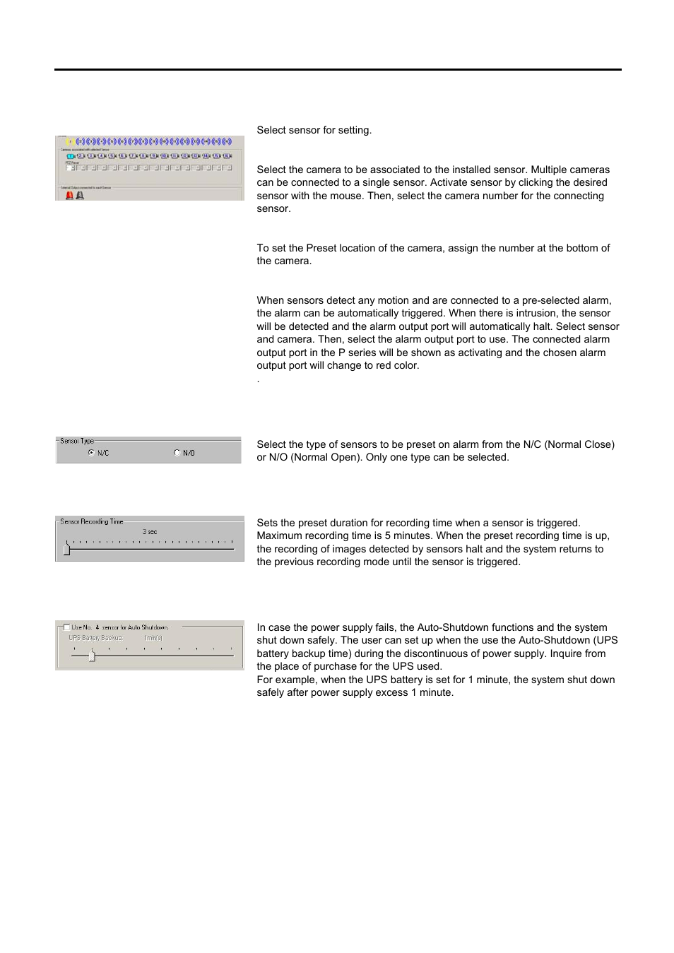 Select sensor, Sensor type, Sensor recording time | Use no.4 sensor for auto shutdown | Speco Technologies DVR-PC8 Series User Manual | Page 47 / 78