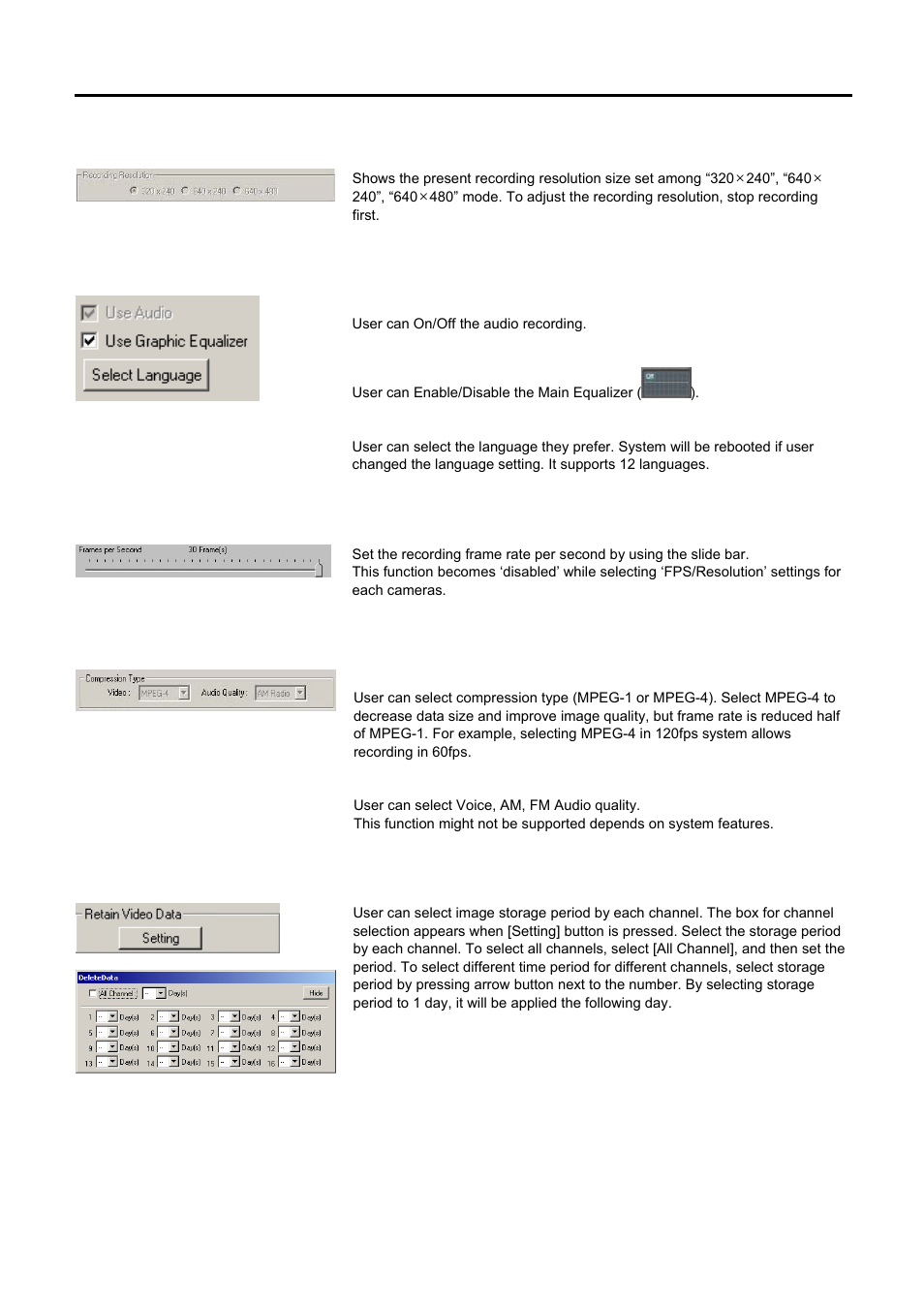 Recording resolution, Audio/graphic equalizer/select language, Frames per second | Compression type, Data keeping data | Speco Technologies DVR-PC8 Series User Manual | Page 58 / 78