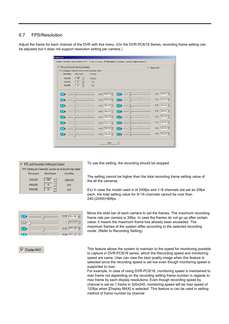 7 fps/resolution, Fps and resolution setting per camera, System recording performance | Display max, Fps/r, Esolution | Speco Technologies DVR-PC8 Series User Manual | Page 61 / 78