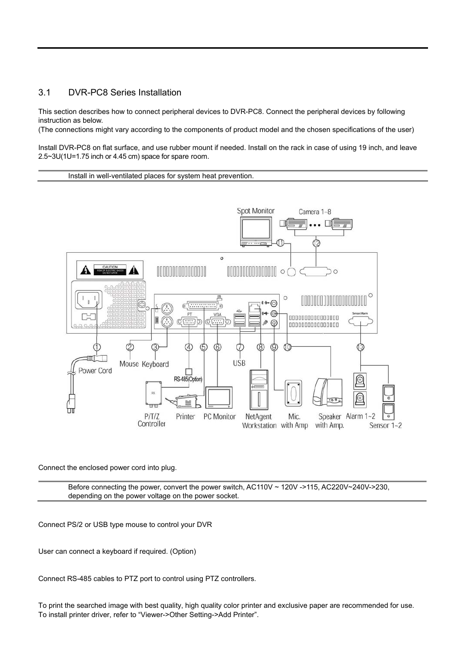 Installation, 1 dvr-pc8 series installation, Power connection circuit | Mouse port, Keyboard port, Ptz port, Printer port, Dvr-pc8, Eries, Nstallation | Speco Technologies DVR-PC8 Series User Manual | Page 9 / 78