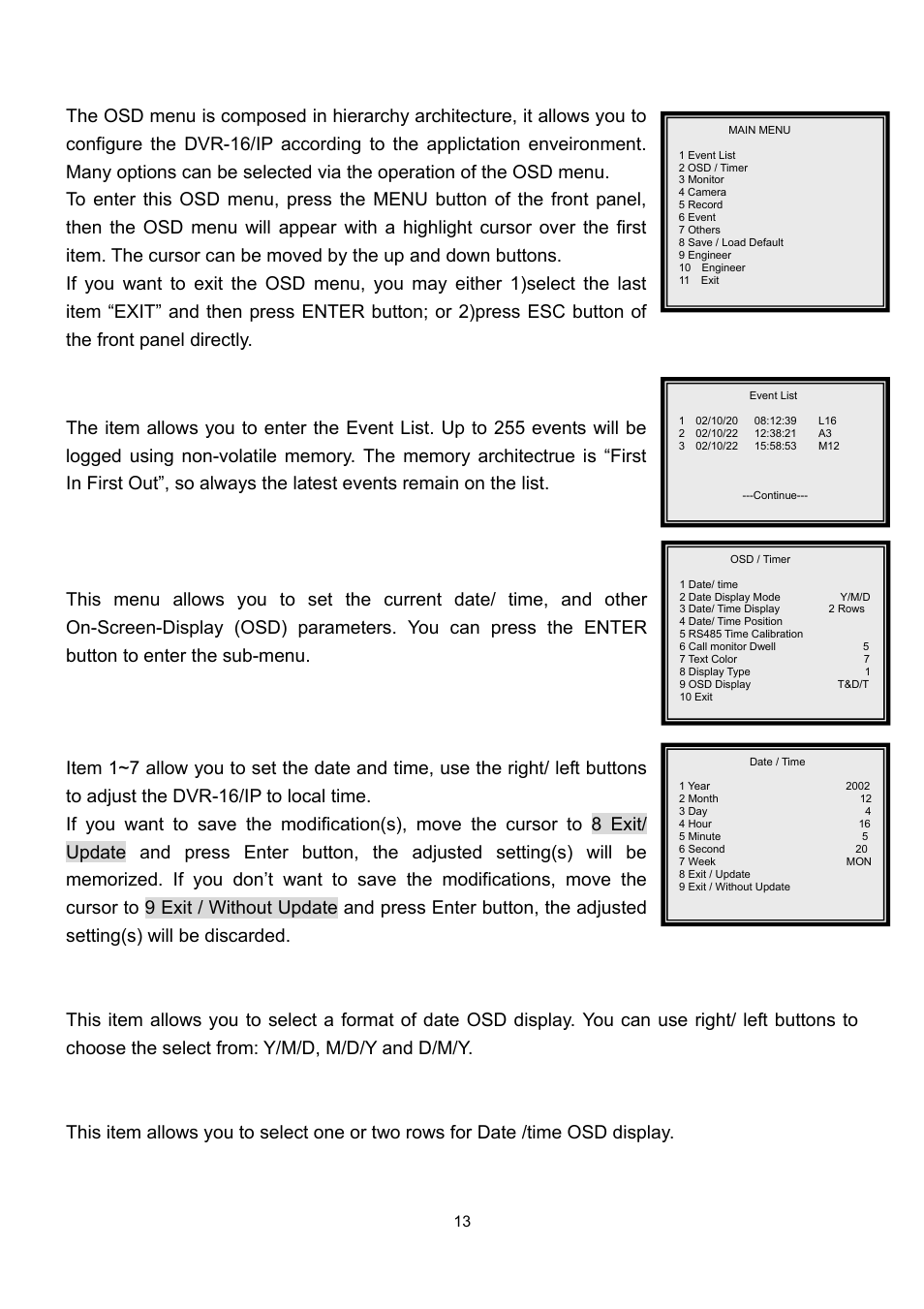 Osd menu setup, 1 event list, 2 osd/ timer | 1 date/ time, 2 date display mode, 3 date/ time display | Speco Technologies DVR-16/IP User Manual | Page 14 / 46