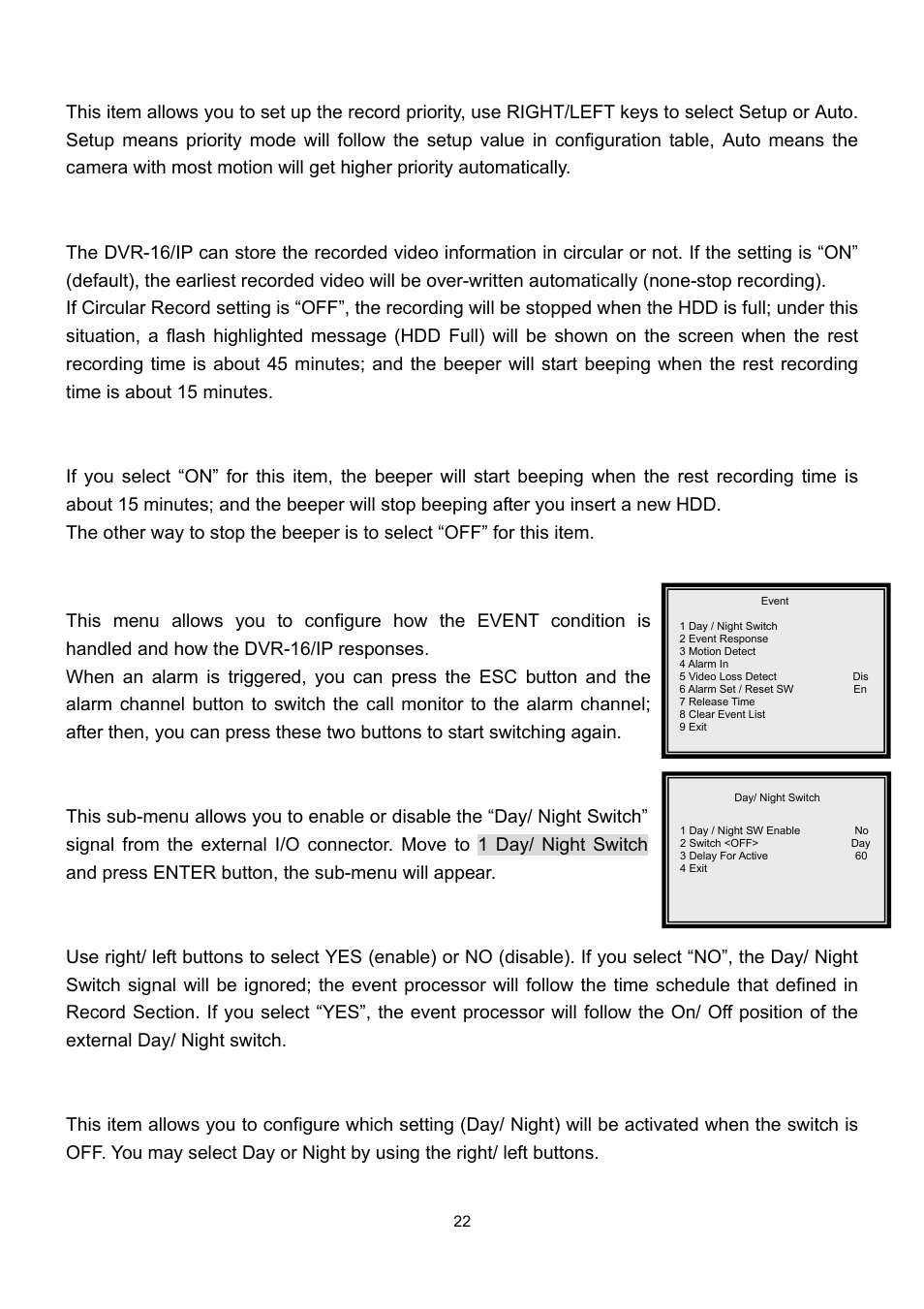 6 event, 6 rec priority mode, 7 circular record | 8 hdd full alarm, 1 day/ night switch | Speco Technologies DVR-16/IP User Manual | Page 23 / 46