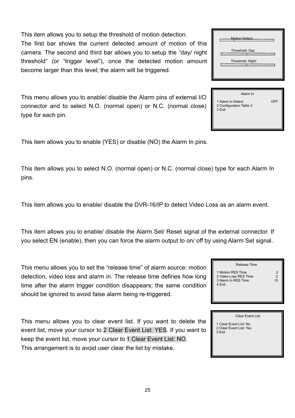 4 alarm in, 5 video loss detect, 6 alarm set/ reset sw | 7 release time, 8 clear event list, 5 sensetivity, 1 alarm in detect, 2 configuration table 2 | Speco Technologies DVR-16/IP User Manual | Page 26 / 46