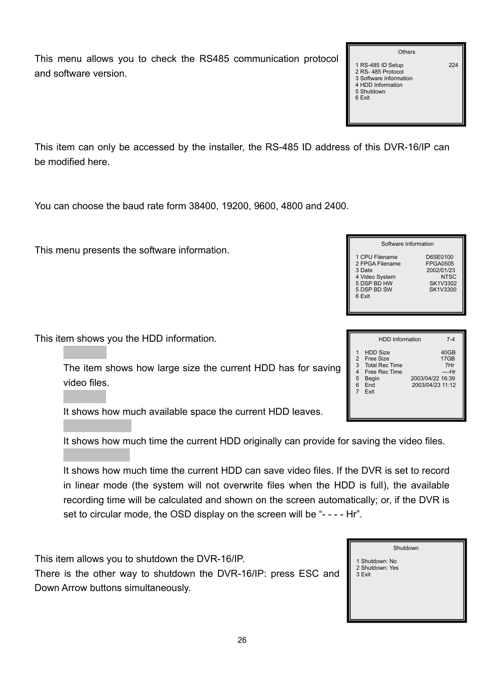 7 others, 1 rs-485 id set up, 2 rs-485 baud rate | 3 software information, 4 hdd information, 5 shutdown | Speco Technologies DVR-16/IP User Manual | Page 27 / 46