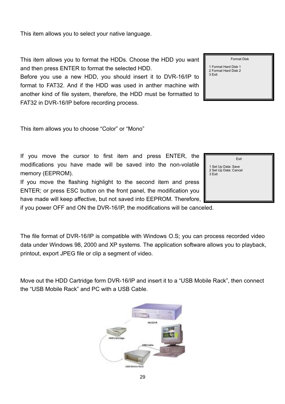 Windows application software, 11 exit, 1 connect the usb mobile rack to pc | 6 language, 7 format hard disk, 8 system color | Speco Technologies DVR-16/IP User Manual | Page 30 / 46