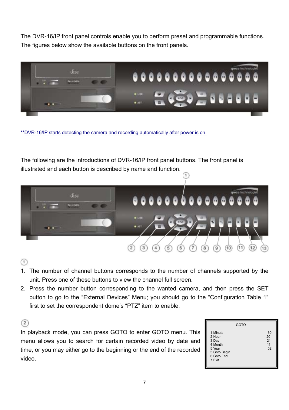 Front panel introduction, 1 the buttons on the front panel, Channel 1~16 | Goto | Speco Technologies DVR-16/IP User Manual | Page 8 / 46