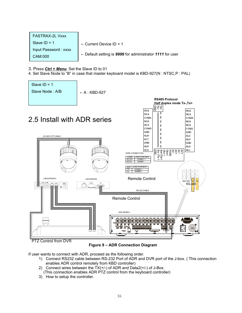 5 install with adr series, A : kbd-927 slave id = 1 slave node : a/b, Remote control | Speco Technologies KBD-927 User Manual | Page 16 / 33