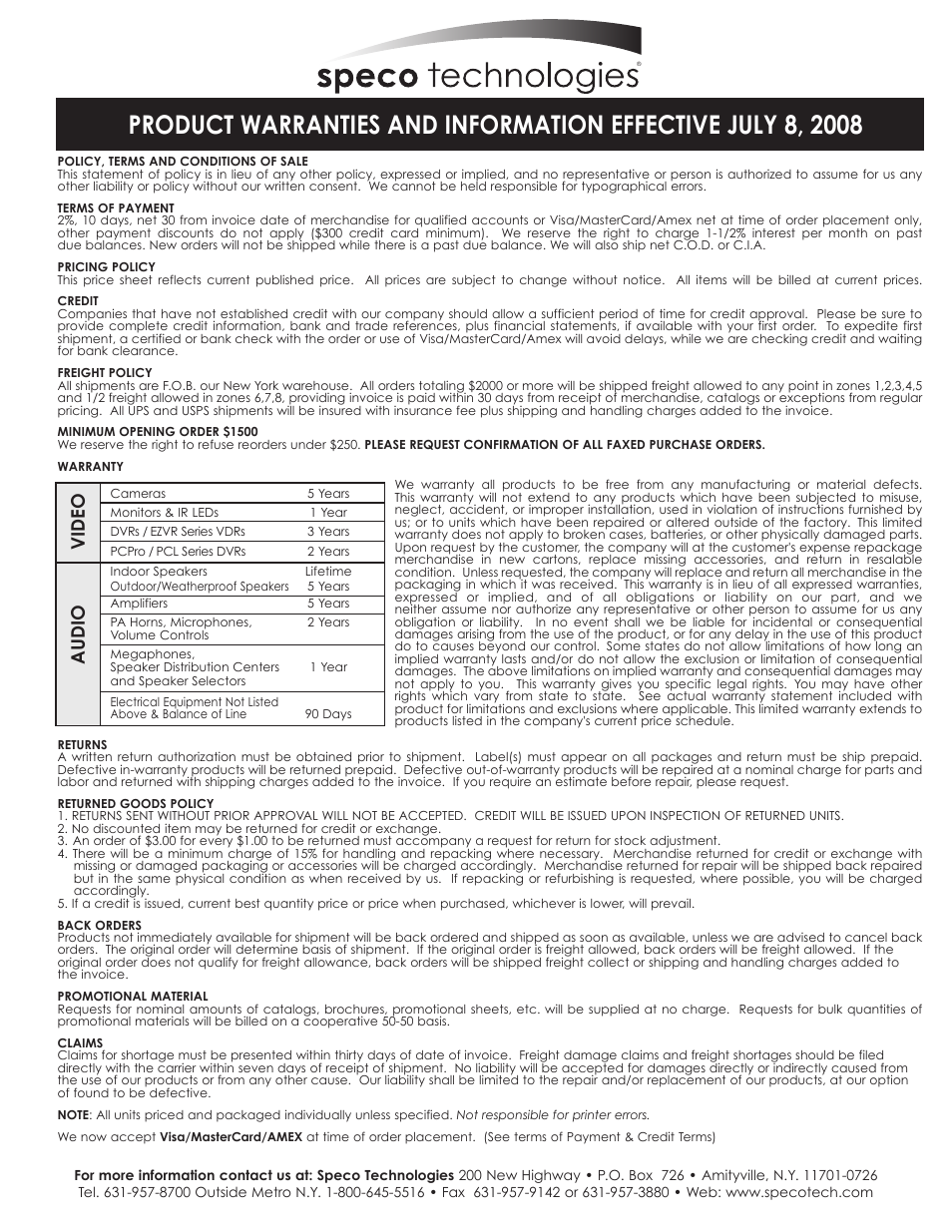 Vid eo a ud io | Speco Technologies CVC61HRW User Manual | Page 4 / 4