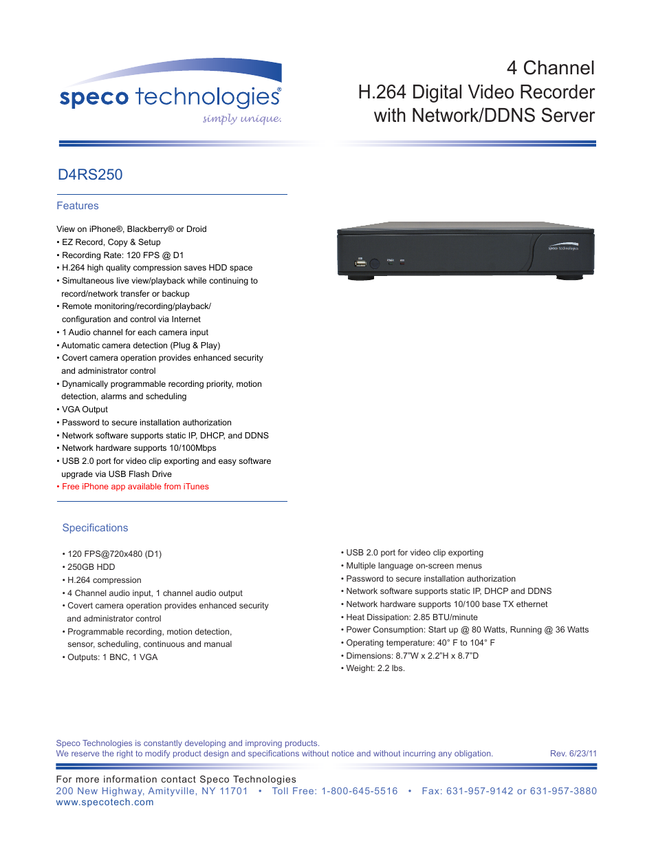 Speco Technologies D4RS250 User Manual | 2 pages