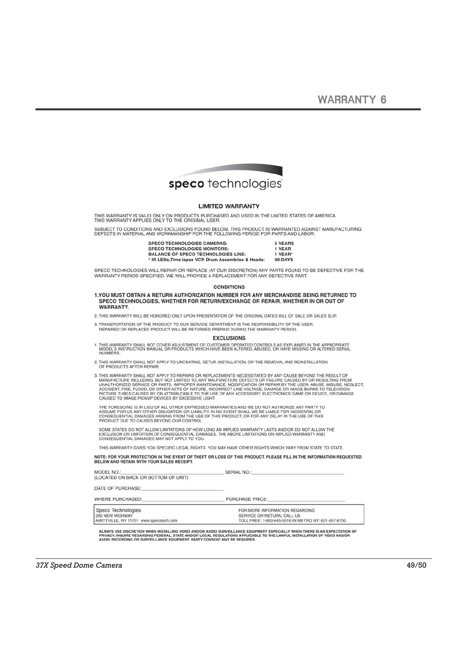Warranty 6 | Speco Technologies SIPSD37X User Manual | Page 49 / 50