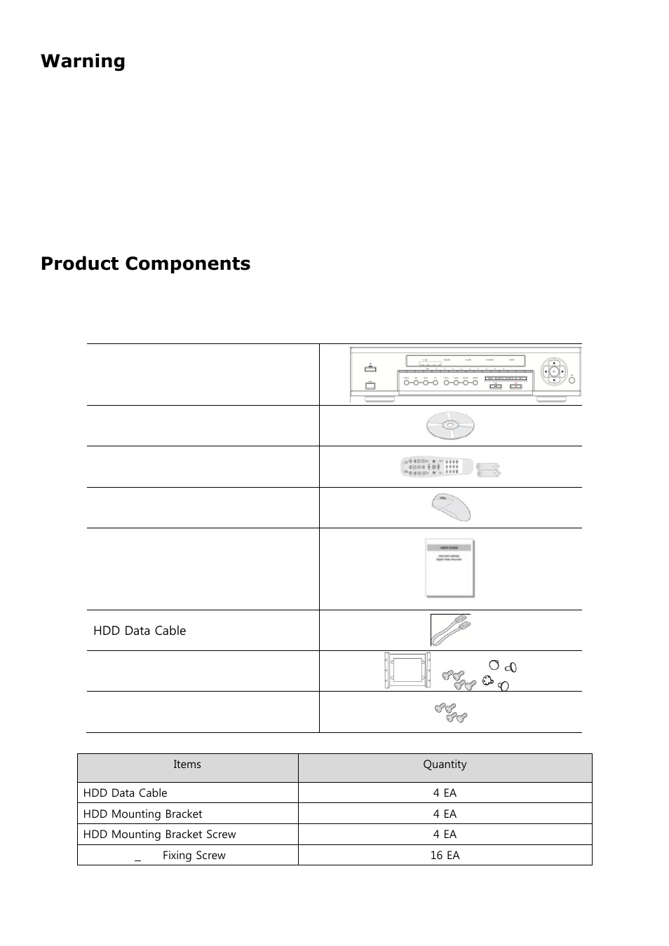 Warning, Product components | Speco Technologies 4HD User Manual | Page 4 / 93