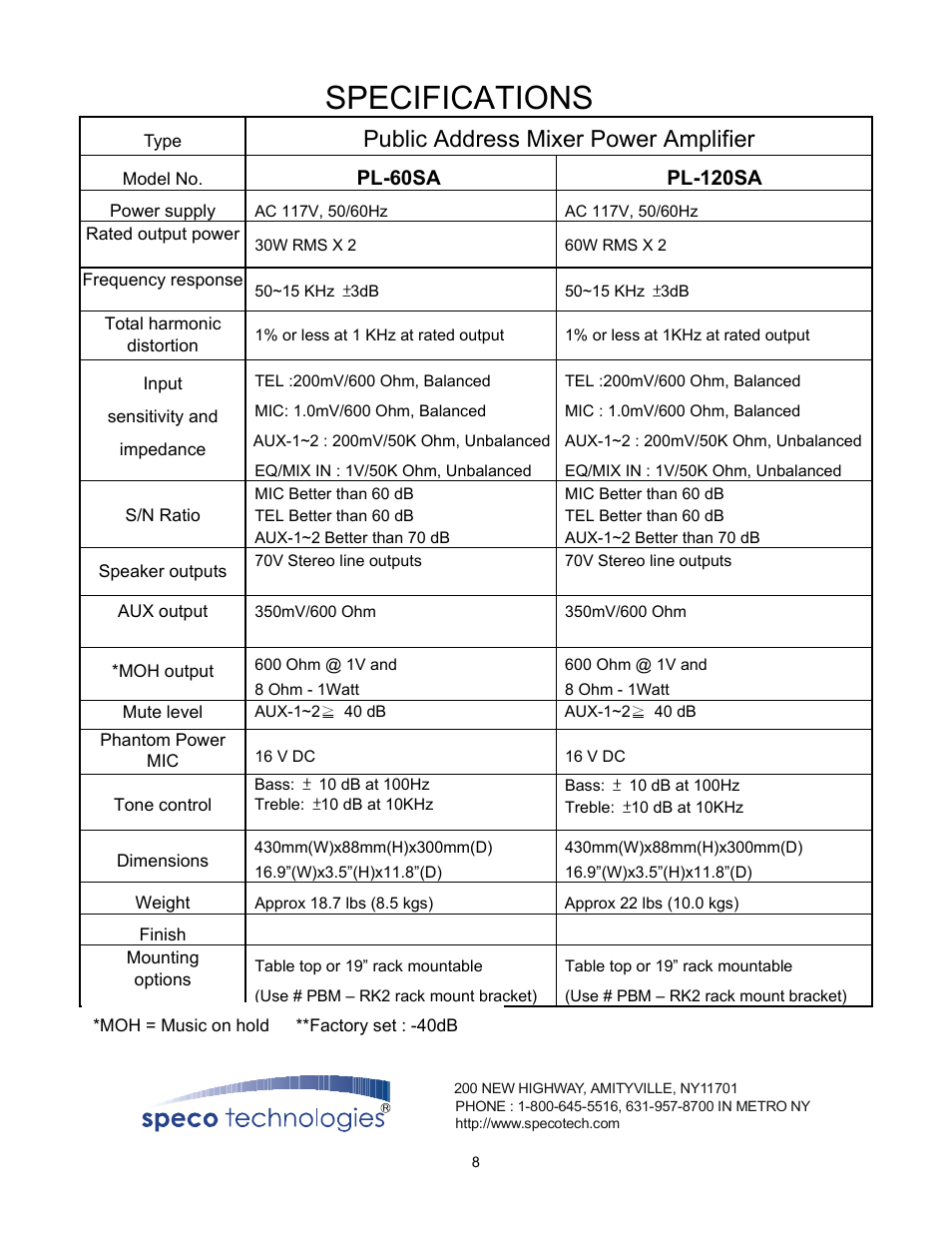 Specifications, Public address mixer power amplifier | Speco Technologies PL-120SA User Manual | Page 8 / 8